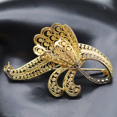 50's Alice Caviness 925 silver vermeil marcasite cannetille floral brooch, Germany sterling pyrite filigree flower pin 