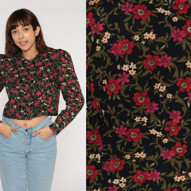 Black Floral Blouse 80s Puff Sleeve Top Double Breasted Button Up Shirt Retro Bohemian Flower Print Long Sleeve Top Vintage 1980s Medium M 