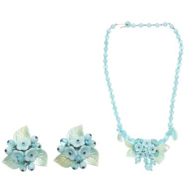 1960's Powder Blue Floral Celluloid Earrings and Necklace Set