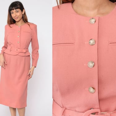 Pink Secretary Dress 80s Twofer Attached Jacket Dress Midi Button Up Shirtwaist Long Sleeve High Waisted Belt Vintage 1980s Small 6 Petite 