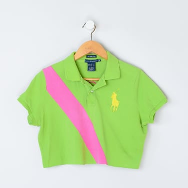 Vintage 90s Ralph Lauren Lime & Pink Cropped Polo - preppy, tennis, crop top - Women's L 