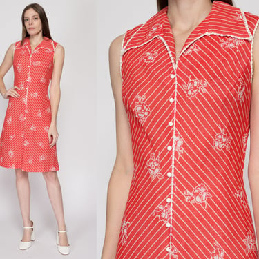 Sm-Med 60s 70s Red Floral A-Line Dress | Vintage Sleeveless Boho Striped Knee Length Sundress 
