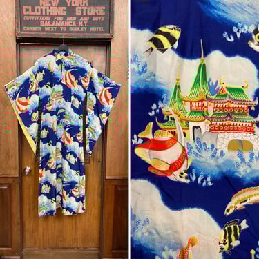 Vintage 1940’s Atomic Fish Asian Pattern Silk Pake Muu Batwing Sleeve Hawaiian Dress, Tiki Dress, Pake Muu Dress, 1940’s Dress, Hawaiian 