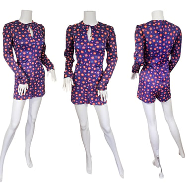 Corky Craig 1970s Purple Nylon Floral Print One Piece Romper Playsuit I Sz Med I Flower Power 