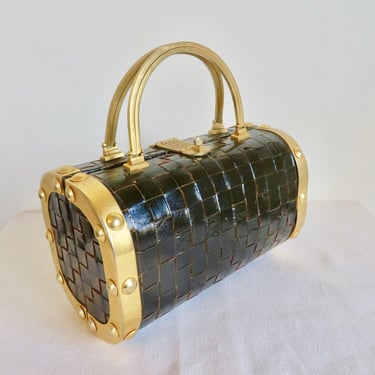 1960's Italian Black Woven Leather Box Purse Gold Metal Hardware Handles and Clasp Train Case Cosmetic Bag Coblentz Made in Italy 