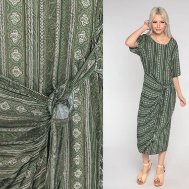 90s Maxi Dress Olive Green Wrap Dress Geometric Striped Floral Paisley Print Ankle Length Retro Short Sleeve Boho Vintage 1990s xl 18w 