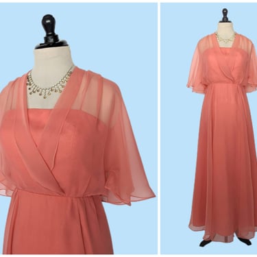 Vintage 70s Peach Boho Maxi Dress, 1970s Floor Length Chiffon Evening Gown 