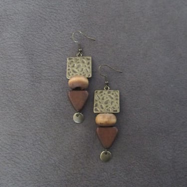 Natural wood earrings, hammered bronze dangle earrings, Afrocentric jewelry, African earrings, animal print 