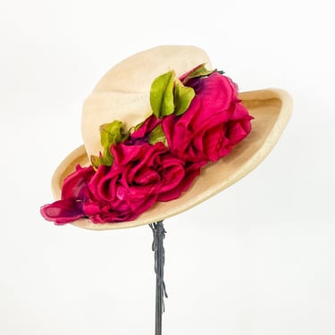 1950s Red Roses Flower Hat | 50s Straw Hat With Red Silk Roses | Mr Joseph Flower Hat 