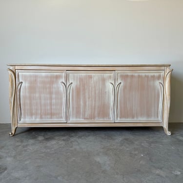 Hollywood Regency Style Cerused Wood Finish and Travertine Top Sideboard 