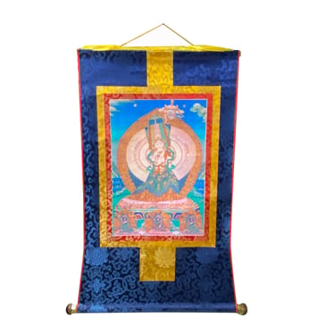 Tibetan Print Fabric Trim Guardian Buddha Deity Art Wall Scroll Thangka ws2206E 