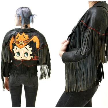 Black Leather Motorcycle Jacket Fringe with Betty Boop Small// Vintage Black Leather Biker Jacket Size Medium Comic Pin Up Girl by Maziar 