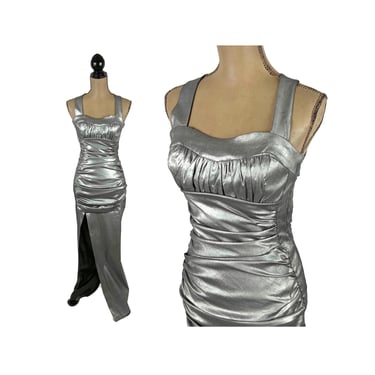 XS - Y2K Metallic Silver Formal Dress, Long Fitted High Slit Maxi Dress, Sexy Evening Gown 2000s Clothes Women Vintage by JESSICA McCLINTOCK 