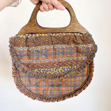 Vintage 1970s Quilted Bag with Wooden Handles 