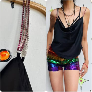 Y2K Black Silky Cami Top - Rhinestone Straps - Asymmetrical Glam Clubwear - M 