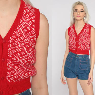 70s Knit Vest Top Sleeveless Red Checkered Sweater Vest V Neck Crop Top Tank Button Up 1970s Retro Vintage Acrylic Extra Small xs 