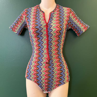 zig zag bodysuit 1960s stretchy colorful one piece leotard blouse small 