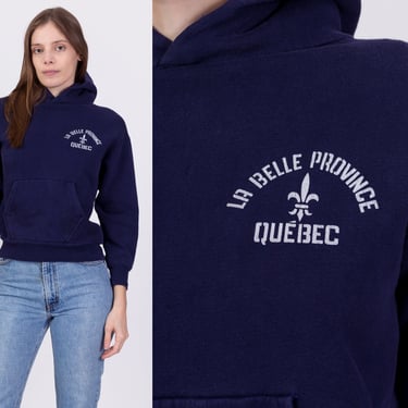 80s Quebec La Belle Province Hoodie - Petite XS to Small | Vintage Navy Blue Hooded Cropped Tourist Sweatshirt 