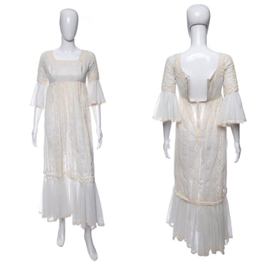 1960's White Lace Detail Sheer Gunne Sax Style Dress Size XS