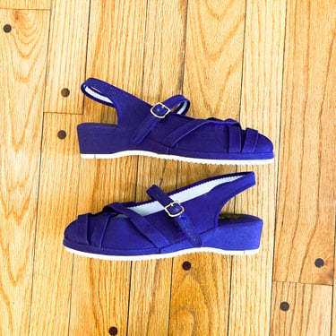 70s Navy Blue Canvas Wedge Sandals with Crossover Straps | Size 10 