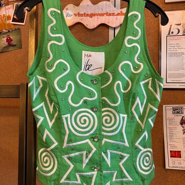 1990s Green &amp; White Embroidered Vest