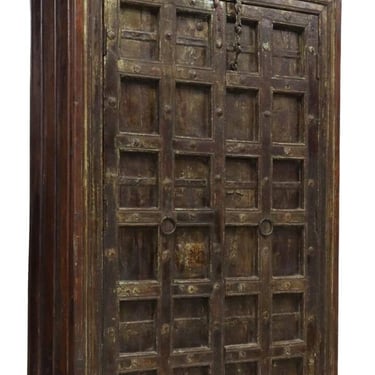 Rustic Antique India Iron Mounted Wood Two Door Cabinet / Armoire 