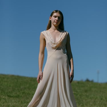 RARE ballet pink 1930s made in France silk embroidered gown 