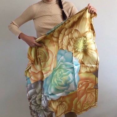 90s silk charmeuse scarf / vintage floral dahlia abstract print extra large silk charmeuse square scarf | 35 inch 