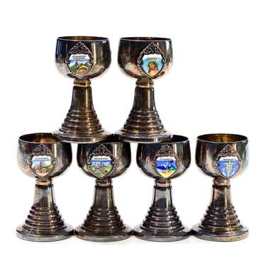 VINTAGE: 6 German Silver Plate Enamel Miniature Goblets Beer Liquor Chalices - Man Cave - SKU 14-A1-00030230 