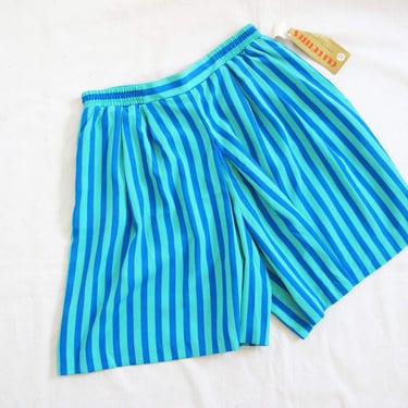 Vintage 90s Blue Teal Stripe Shorts M L  - Deadstock 1990s High Elastic Pleated Waist Vertical Stripe Casual Long Shorts - Clowncore 