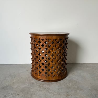 Vintage Carved Wood Criss-Cross Grained Drum Side  Table 