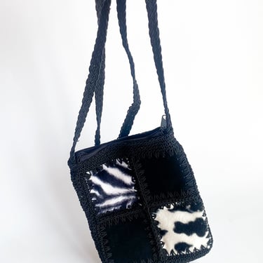 1990s Black Patchwork Woven Cross Body Bag