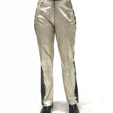 MORPHEW COLLECTION Gold & Black Men's Western Rockstar Pants In Vintage Leather With Swarovski Crystals 