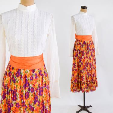 1970s White & Orange Floral Peasant Dress | 70s White Lace Orange Print Midi Dress | Peasant Dress | Small 