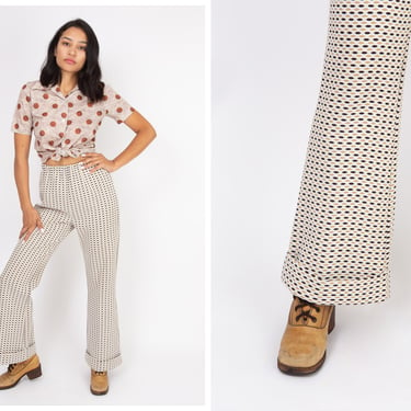 Vintage 1970s 70s Textured Abstract Geometric Print High Waisted Bell Bottom Flare Pants Trousers 