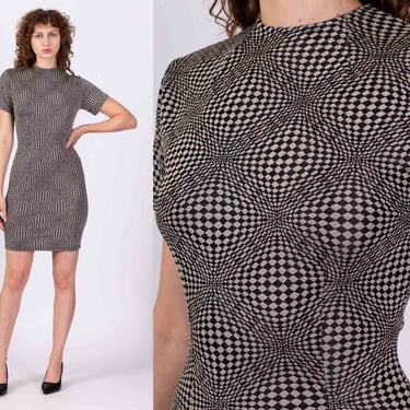 80s 90s Optical Illusion Fitted Knit Mini Dress - Medium | Vintage Op Art Short Sleeve Bodycon Party Dress 