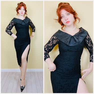 1960s Vintage Black Lace Wiggle Dress / 60s Mid Century Bombshell Oversized Collar Side Slit Dress / Medium / lovehurtsvintage.etsy.com 