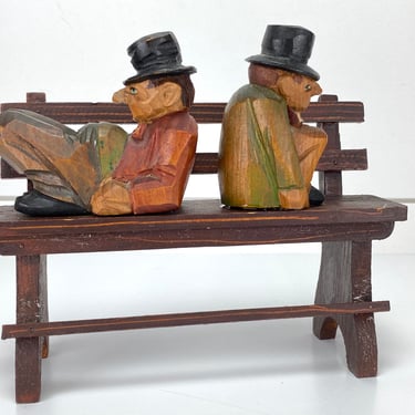Vintage Hand Carved Wood Grumpy Men on Bench Anri Italy Figure Figurine Sculpture 