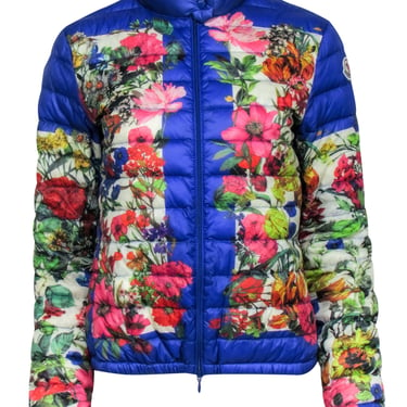 Moncler - Blue Puffer Jacket w/ Multi-Colored Floral Print Sz 2