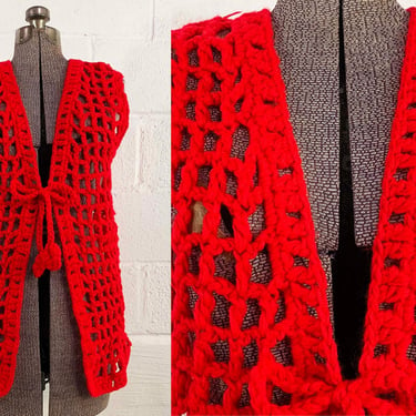 Vintage Red Chunky Crochet Net Cardigan Helen Sue Sleeveless Sweater 70s 1970s Mod Knit Open Tie Front Medium 