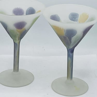 Vintage set of Two (2) Martini  Rueven by NOUVEAU ART GLASS Hand Painted Frosted -Martini Glasses-Chip Free 