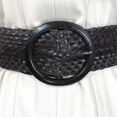 VINTAGE 90s Wide Brown Leather Braided Cinch Belt up to 41" | 1990s Woven Belt | Size M Up To 41" Waist | VFG 
