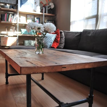 Wood Coffee Table with steel pipe legs made of reclaimed wood.  Choose size, top thickness and finish. 