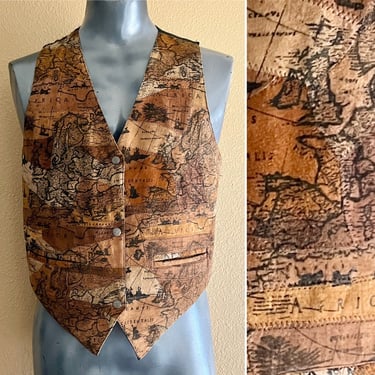 Leather Suede Vest, Old Continent Map, Snap Front, Pockets, Africa, Vintage 90s 
