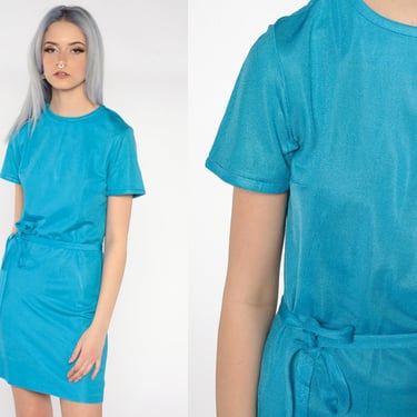 Mod Mini Dress 60s Blue Dress 70s Shift Short Sleeve Dress 1960s Gogo Vintage Sixties Twiggy Plain Dress Minidress Small S 