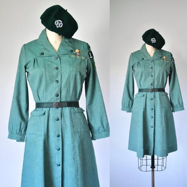 vintage 50s 60s girl scouts uniform beret, belt, patches, 1950s green dress, costume, troop 127, wool hat beret 