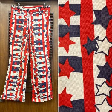 Vintage 1960’s Stars and Stripes Pop Art Pattern Flare Denim Pants, 60’s Pants, 60’s Trousers, 60’s Pop, 60’s Americana, Vintage Clothing 