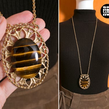 Absolutely Beautiful Vintage 70s Tiger Eye Pendant Necklace 