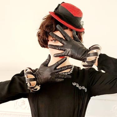 1940s Black Leather Gloves with Cut Outs for Balloon Wrist Jester Style 