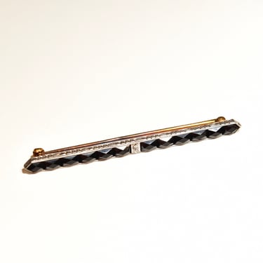 Vintage Art Deco 14K White Gold Onyx Diamond Bar Pin, Dazzling Faceted Black Stone Inlay, Engraved White Gold Setting, 2 1/4" L 